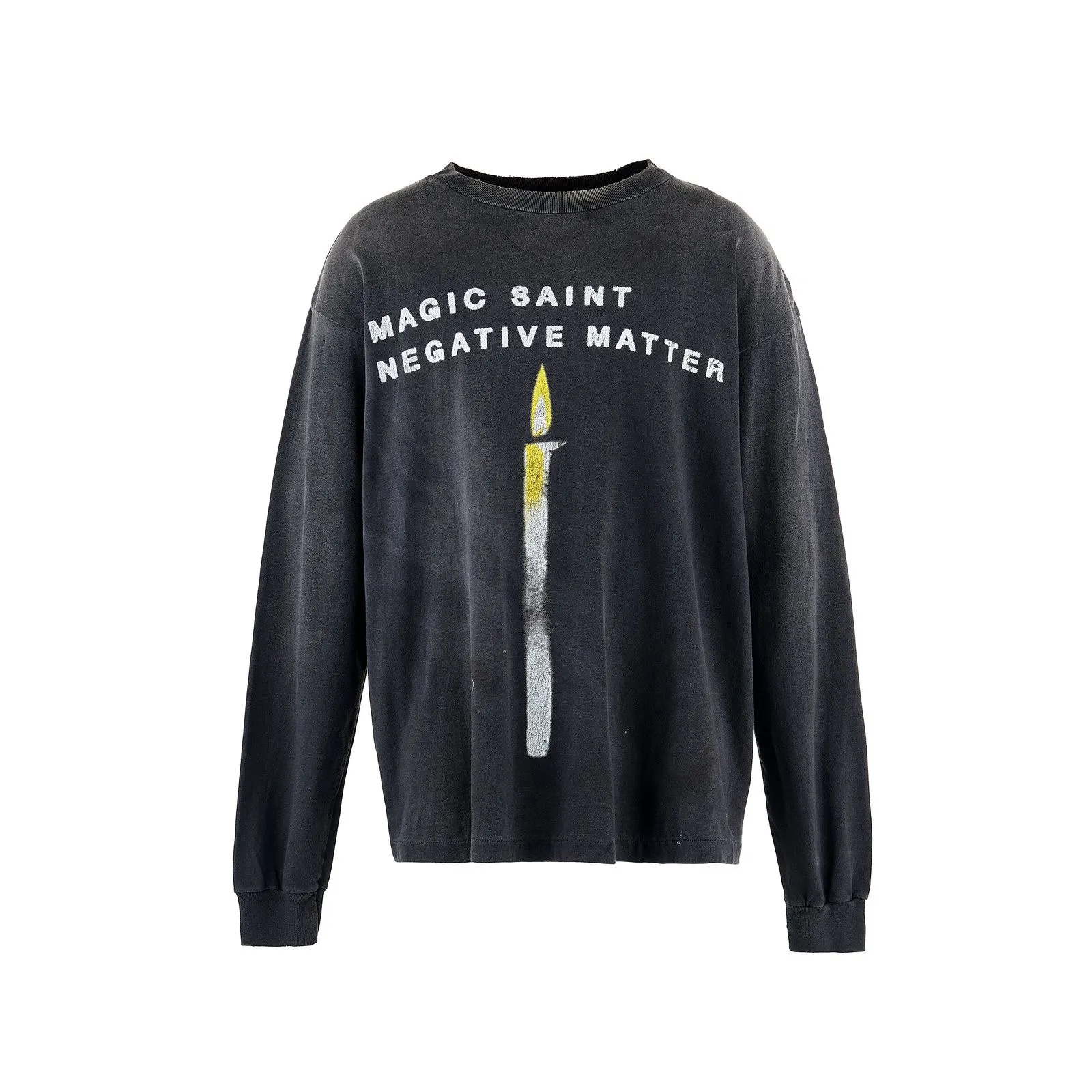 SAINT Mxxxxxx CANDLE LS TEE/BLK Slogan candle distressed long-sleeved TEE with angel short sleeves on the back. Washed black S-XL. Same as the original. Cylindrical side seam OE yarn fabric. Garment dyeing. Faded by heavy washing. Faded by plaster on bust. Correct alignment. Original consistent main mark/wash mark/cherub anti-counterfeiting mark. Original level printing restoration.
